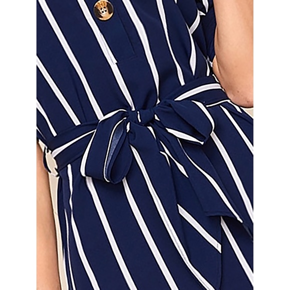 Navy Blue Striped Knot Sleeve Belted Shirt Dress - Picture 4 of 11